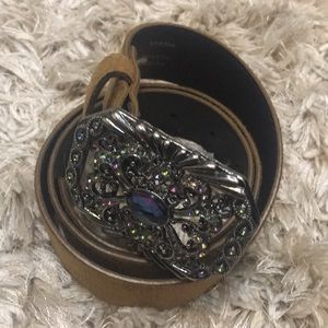 Dark Camel colored rhinestone faux suede belt